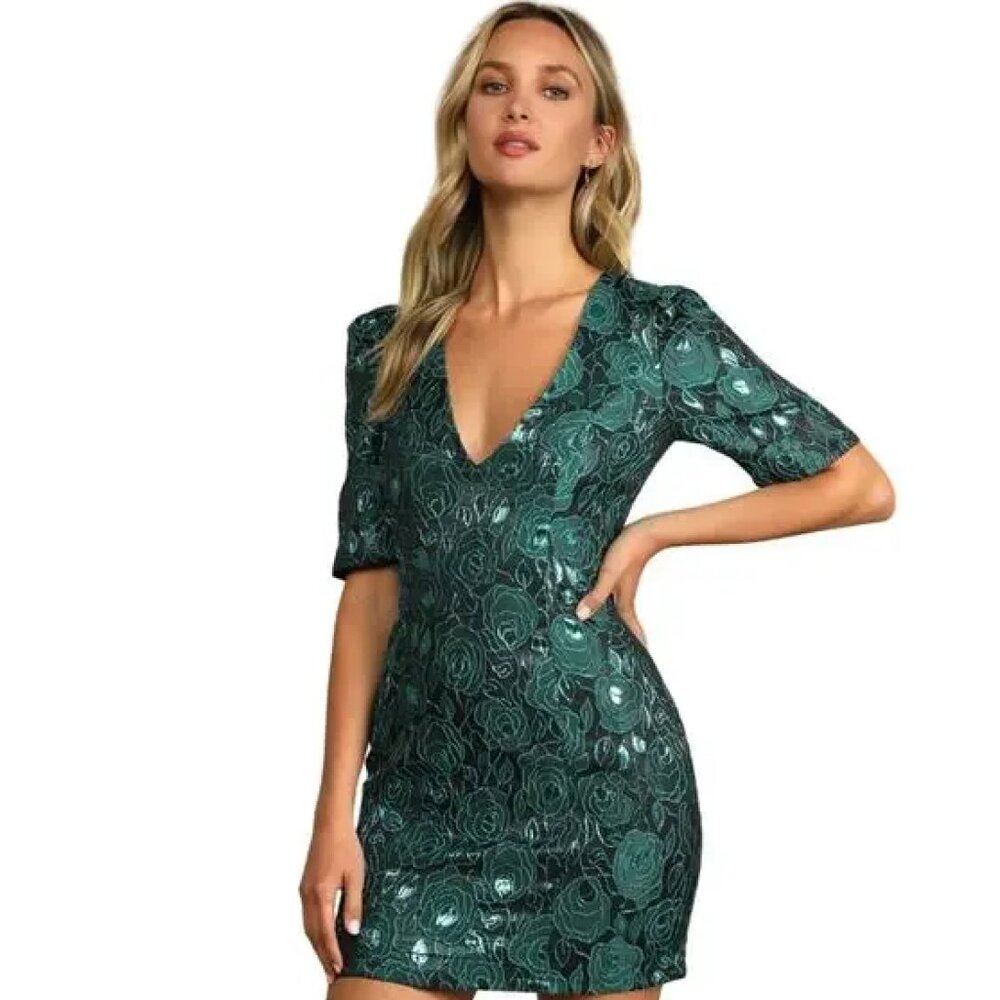 NWOT Lulus Extravagant Party Shiny Teal Floral Jacquard Bodycon Dress Size M/L